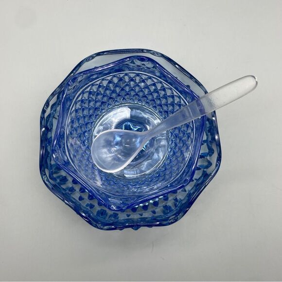 Vintage Indiana Glass Diamond Point Mayo Sauce Set Regal Blue - Picture 5 of 10